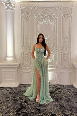 Green A Line Prom Dress Sleeveless Spaghetti Straps Evening Dress With Lace Appliques