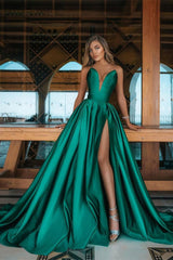 Green A Line Prom Dress Sleeveless Sweetheart Satin Evening Dress