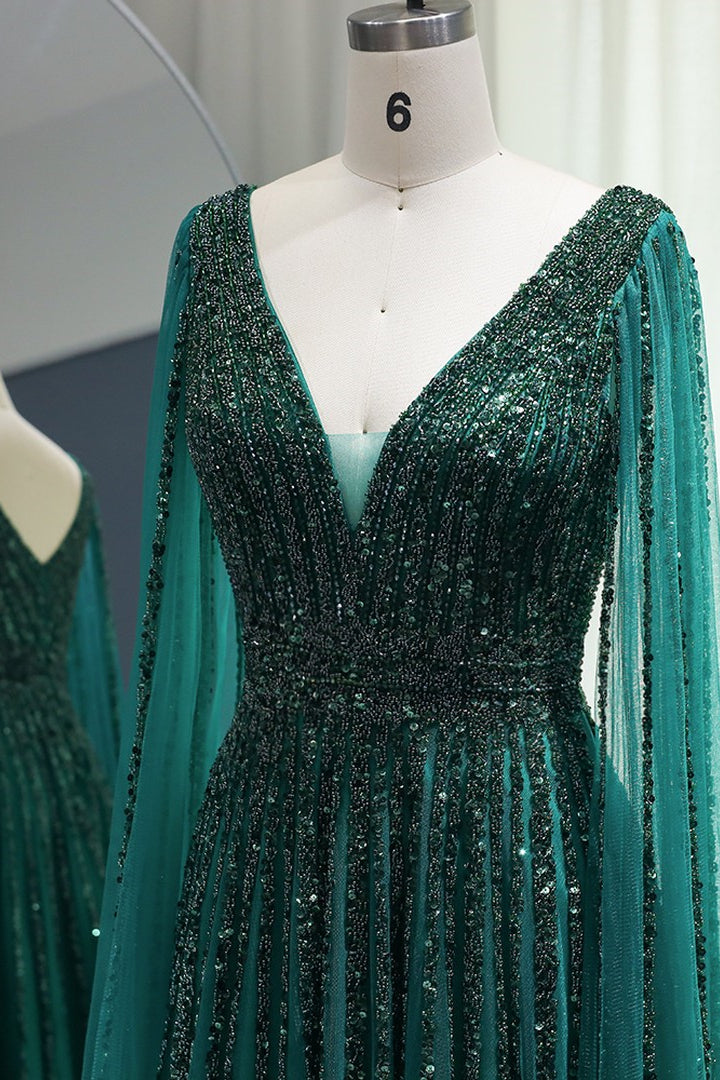 Green A Line Prom Dress V Neck Beaded Evening Dress