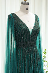 Green A Line Prom Dress V Neck Beaded Evening Dress