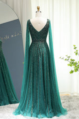 Green A Line Prom Dress V Neck Beaded Evening Dress