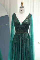 Green A Line Prom Dress V Neck Beaded Evening Dress