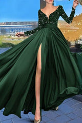 Green A Line Velvet Evening Dress Long Sleeve V Neck Christmas Party Dress