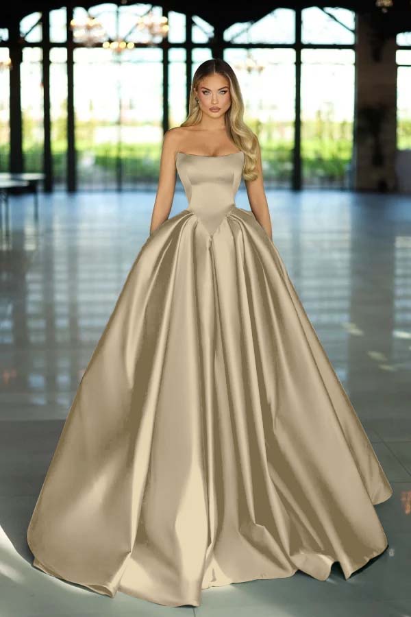 Green Ball Gown Prom Dress Sleeveless Strapless Satin Evening Dress