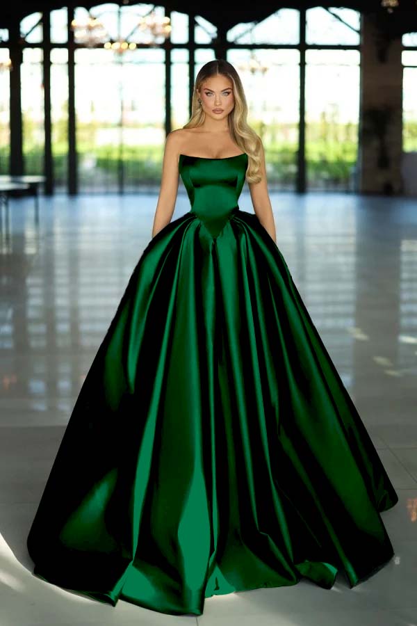 Green Ball Gown Prom Dress Sleeveless Strapless Satin Evening Dress