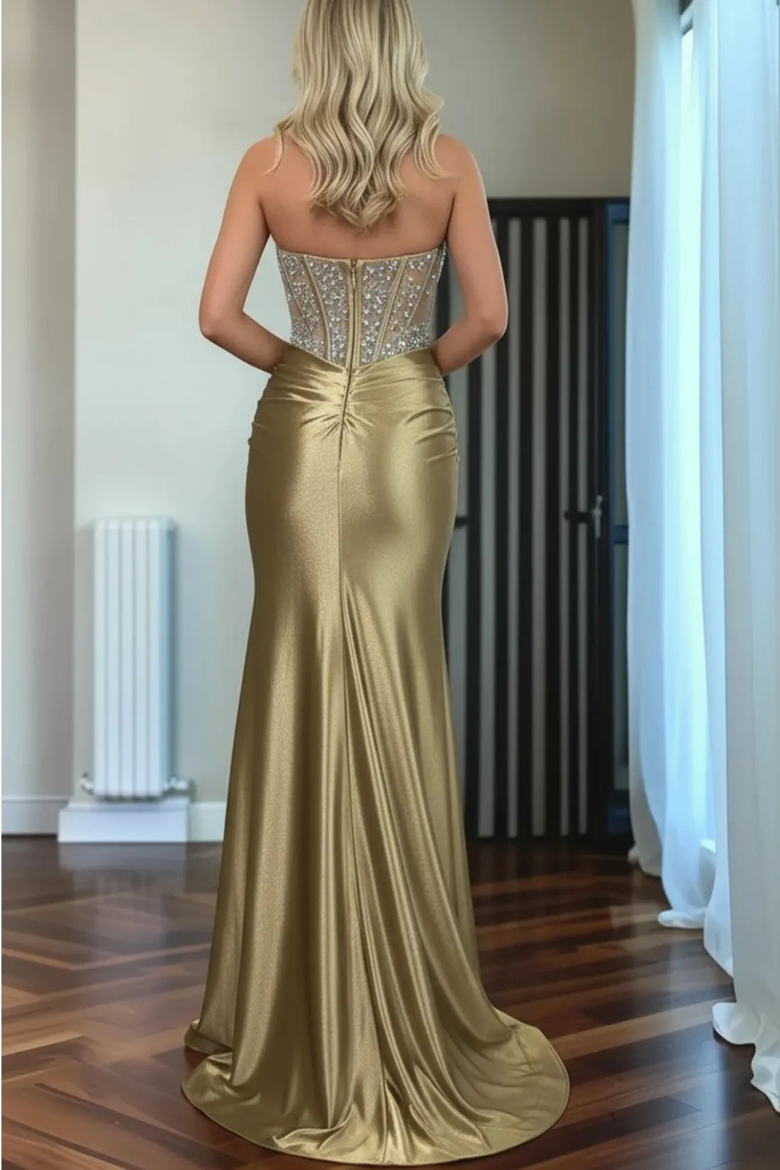 Green Beaded Mermaid Prom Dress Sweetheart Satin Formal Dress