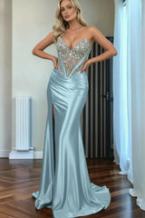 Green Beaded Mermaid Prom Dress Sweetheart Satin Formal Dress
