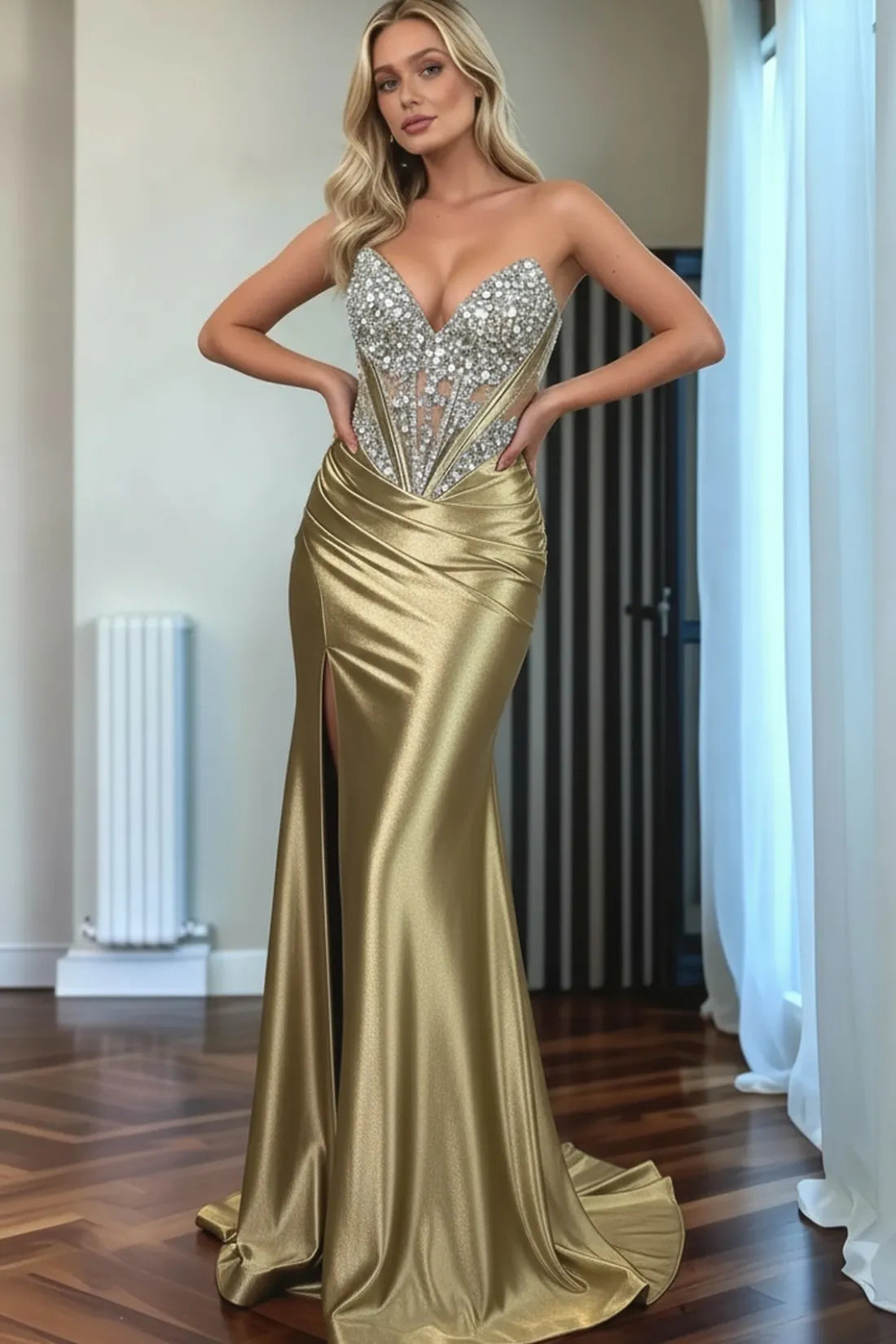 Green Beaded Mermaid Prom Dress Sweetheart Satin Formal Dress