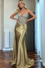 Green Beaded Mermaid Prom Dress Sweetheart Satin Formal Dress