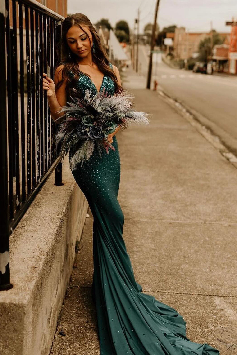 Green Beaded Mermaid V-Neck Backless Long Prom Dress