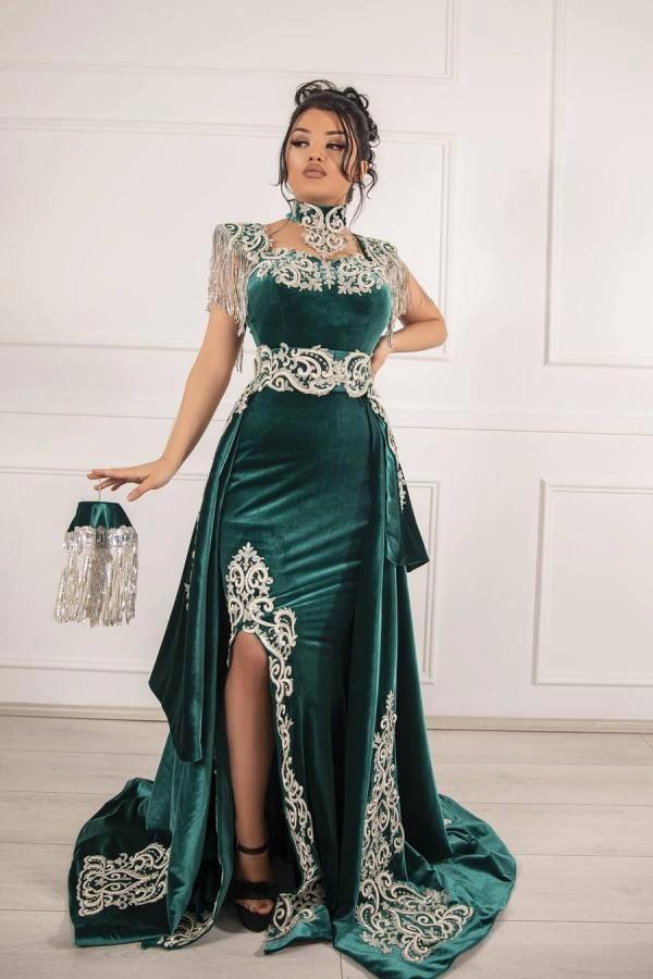 Green Christmas Party Dress Lace Appliques Slit Velvet Evening Dress With Detachable Train