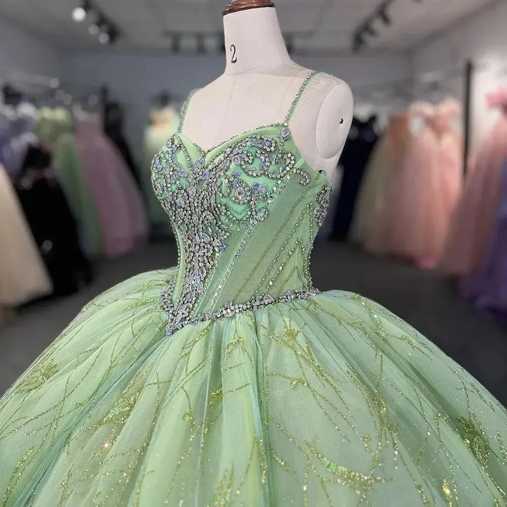 Green Crystal Quinceanera Dress Off The Shoulder Beaded Ball Gown Sweet 16 Party Dress