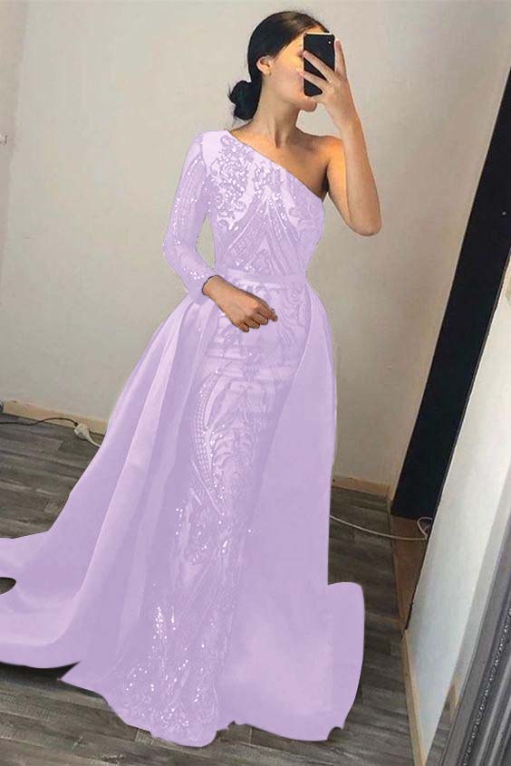 Green Detachable Train Prom Dress Long Sleeve One Shoulder Sequined Evening Dress