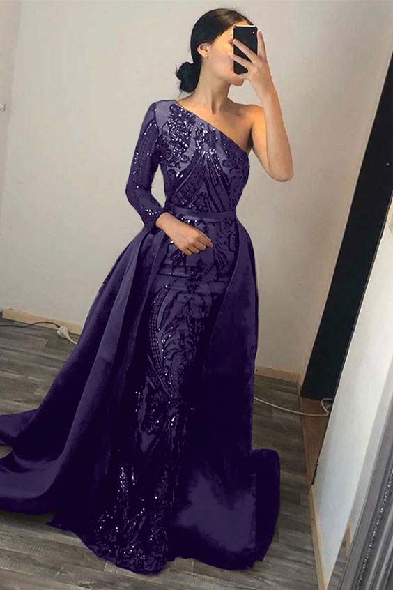Green Detachable Train Prom Dress Long Sleeve One Shoulder Sequined Evening Dress
