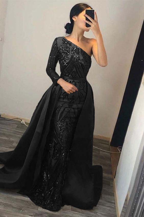 Green Detachable Train Prom Dress Long Sleeve One Shoulder Sequined Evening Dress