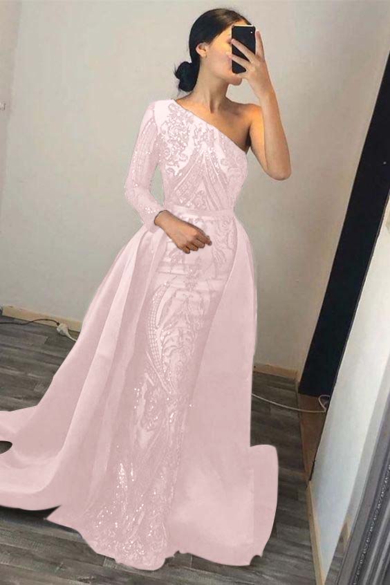 Green Detachable Train Prom Dress Long Sleeve One Shoulder Sequined Evening Dress