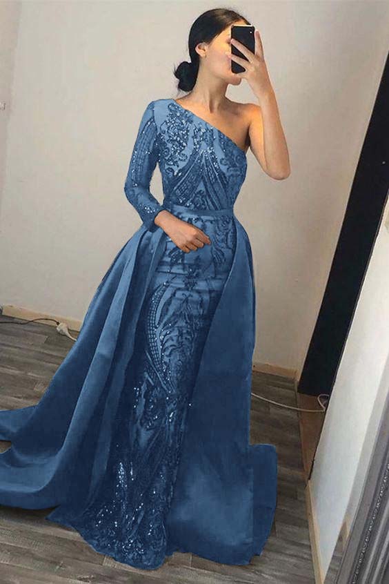 Green Detachable Train Prom Dress Long Sleeve One Shoulder Sequined Evening Dress