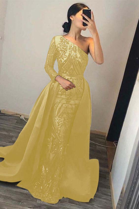 Green Detachable Train Prom Dress Long Sleeve One Shoulder Sequined Evening Dress