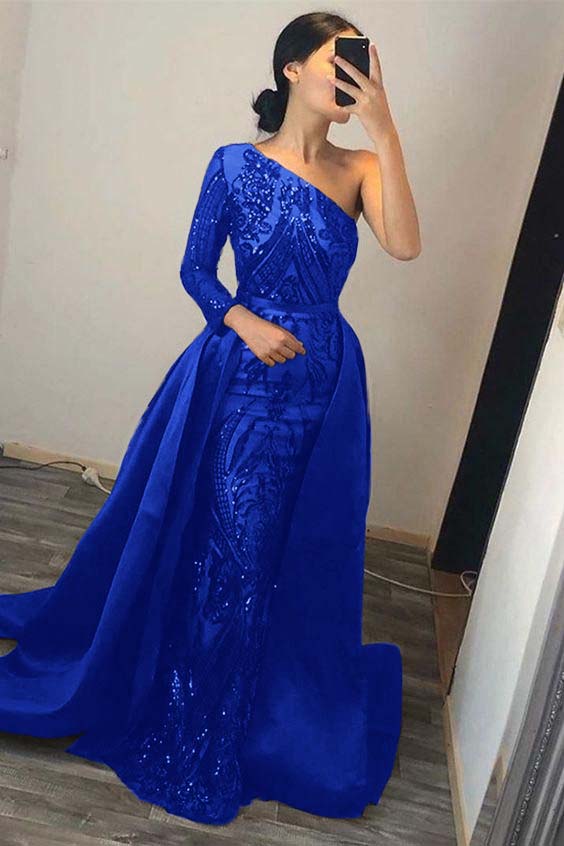 Green Detachable Train Prom Dress Long Sleeve One Shoulder Sequined Evening Dress