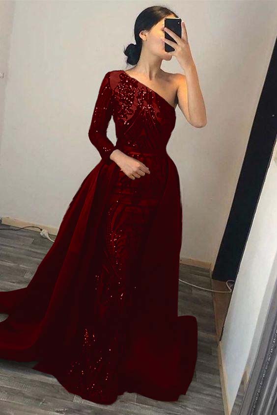Green Detachable Train Prom Dress Long Sleeve One Shoulder Sequined Evening Dress