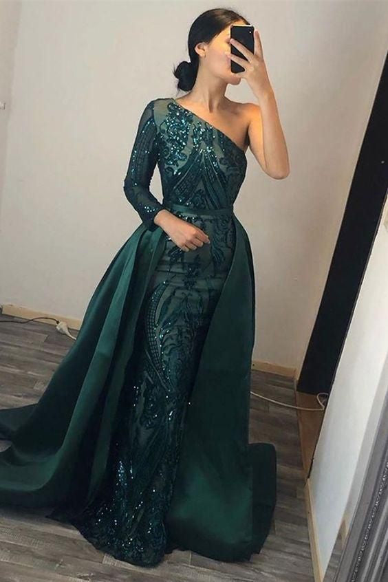 Green Detachable Train Prom Dress Long Sleeve One Shoulder Sequined Evening Dress