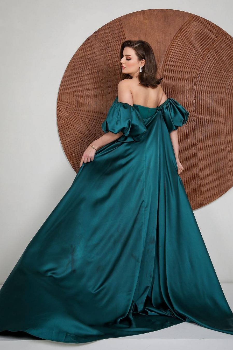 Green Detachable Train Prom Dress Puff Sleeve Strapless Satin Evening Dress