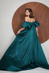 Green Detachable Train Prom Dress Puff Sleeve Strapless Satin Evening Dress