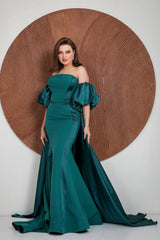 Green Detachable Train Prom Dress Puff Sleeve Strapless Satin Evening Dress