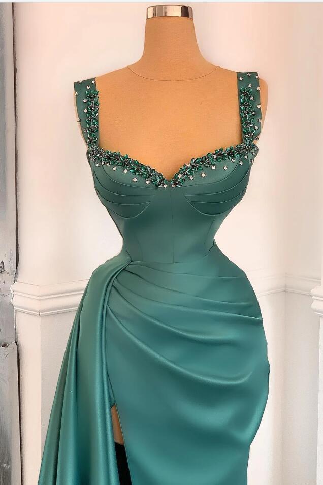 Green Detachable Train Prom Dress Sleeveless Straps Beaded Evening Dress