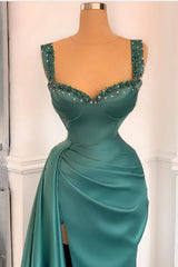 Green Detachable Train Prom Dress Sleeveless Straps Beaded Evening Dress