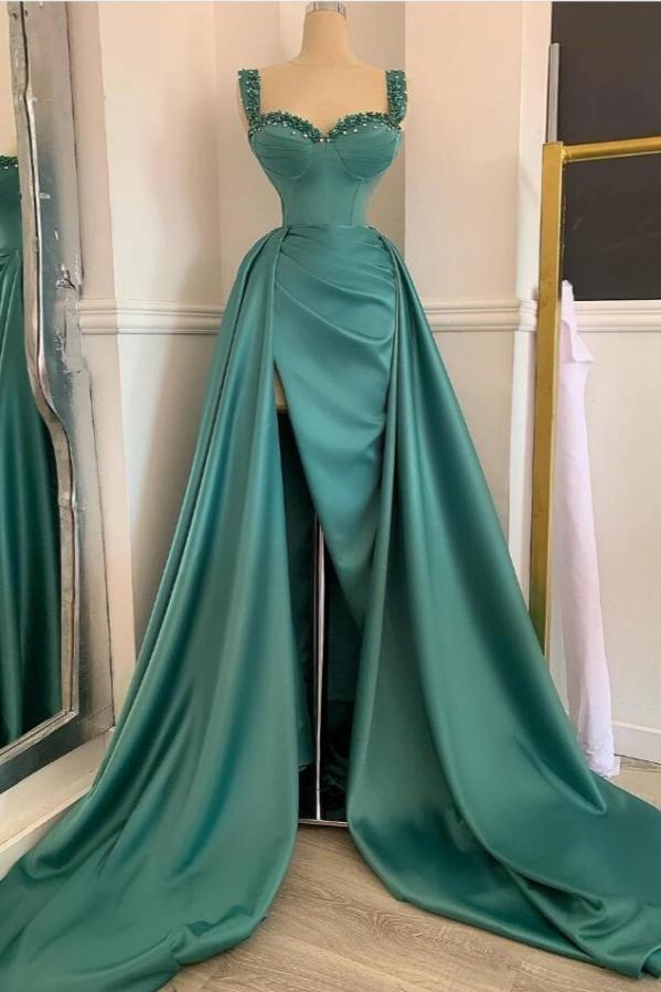 Green Detachable Train Prom Dress Sleeveless Straps Beaded Evening Dress