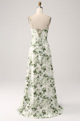 Green Floral Bridesmaid Dress A Line Cowl Neck Prom Dress with Slit