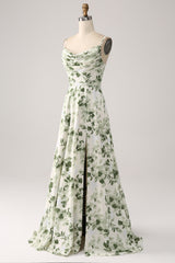Green Floral Bridesmaid Dress A Line Cowl Neck Prom Dress with Slit