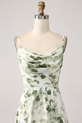 Green Floral Bridesmaid Dress A Line Cowl Neck Prom Dress with Slit