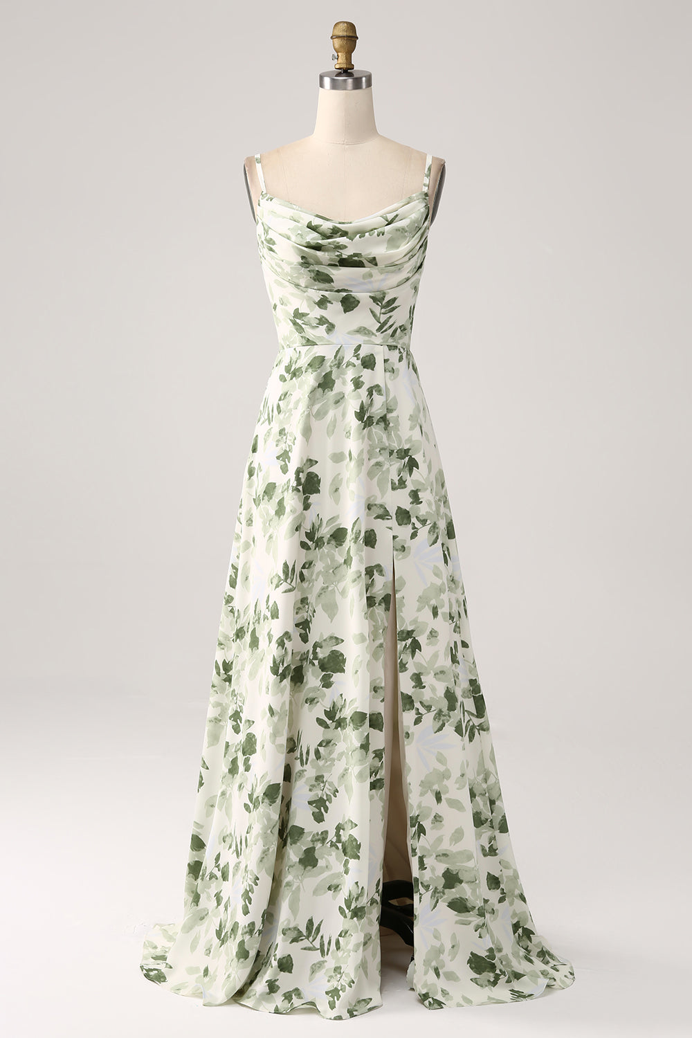 Green Floral Bridesmaid Dress A Line Cowl Neck Prom Dress with Slit