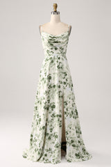 Green Floral Bridesmaid Dress A Line Cowl Neck Prom Dress with Slit