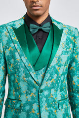 Green Jacquard 3 Piece Peak Lapel Men's Prom Homecoming Suit Blazer Vest Pants