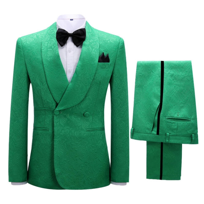 Green Jacquard Double Breasted Shawl Lapel Wedding Suit