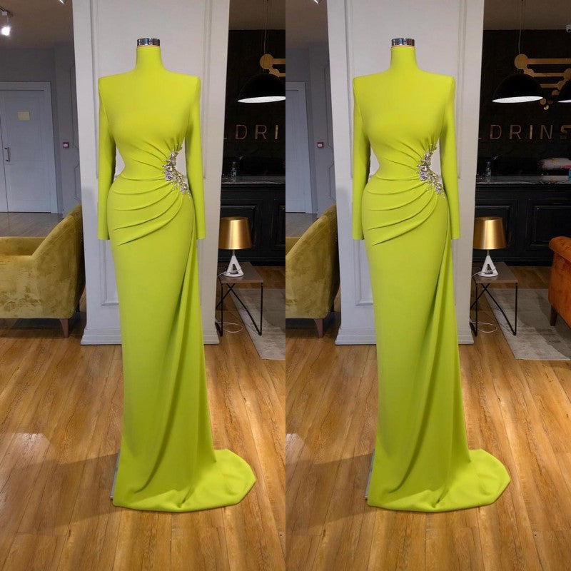Green Long Sleeve Evening Dress High Neck Beaded Formal Dress