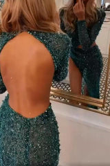 Green Long Sleeve Slit Prom Dress Long Sequins Beadings