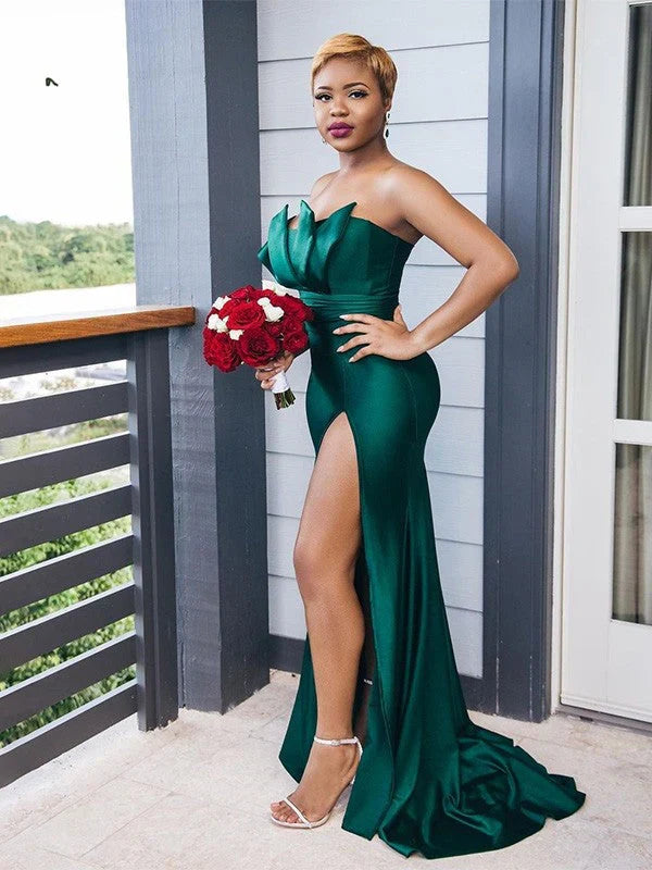 Green Mermaid Bridesmaid Dress Satin Wedding Guest Dress with Slit