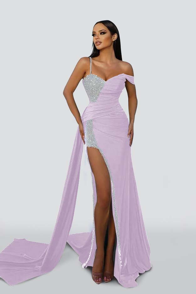 Green Mermaid Prom Dress Asymmetric Neck Beaded Formal Dress with Split