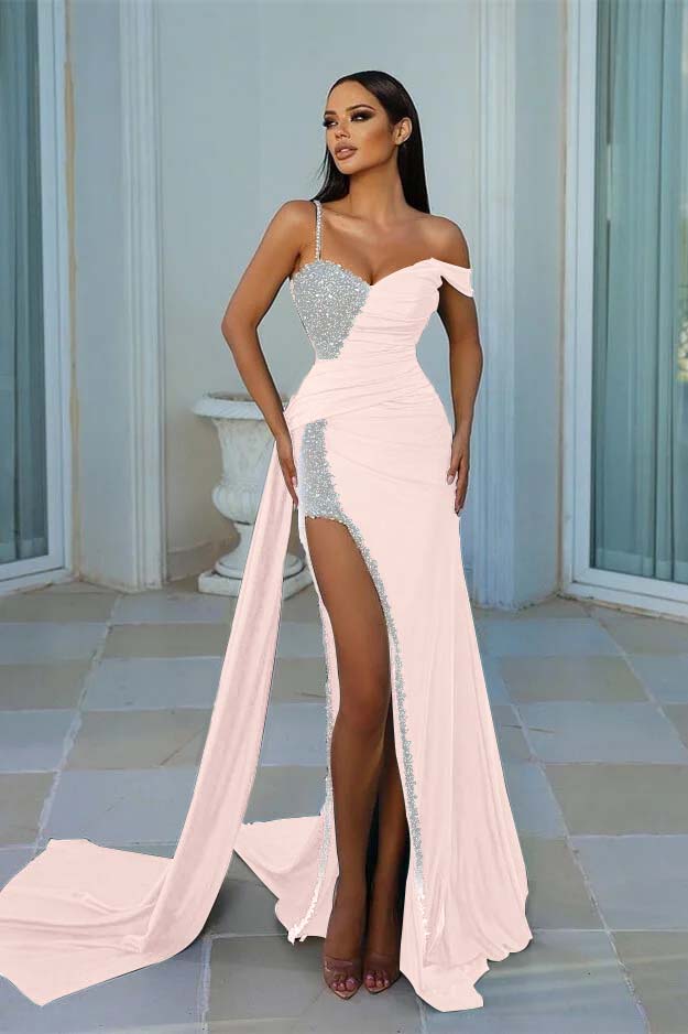 Green Mermaid Prom Dress Asymmetric Neck Beaded Formal Dress with Split