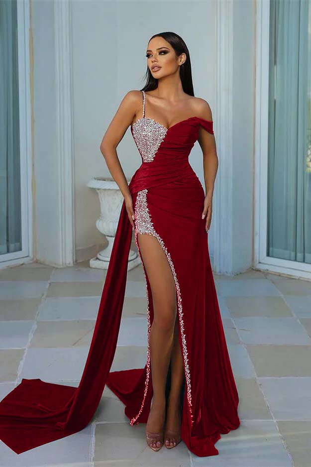 Green Mermaid Prom Dress Asymmetric Neck Beaded Formal Dress with Split