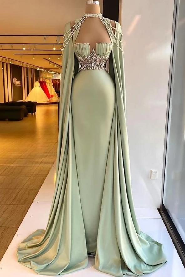 Green Mermaid Prom Dress Halter Neck Beaded Evening Dress