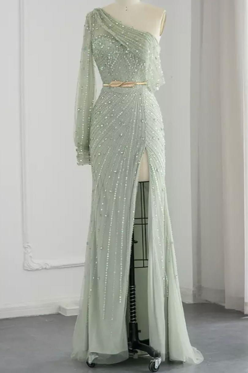 Green Mermaid Prom Dress Long Sleeve Asymmetric Beaded Evening Dress