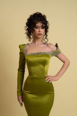 Green Mermaid Prom Dress Long Sleeve Asymmetric Neck Beaded Evening Dress