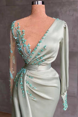Green Mermaid Prom Dress Long Sleeve Asymmetric Neck Evening Dress With Lace Appliques