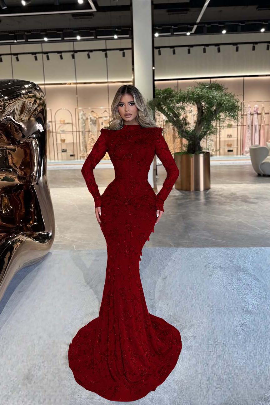 Green Mermaid Prom Dress Long Sleeve High Neck Beaded Evening Dress