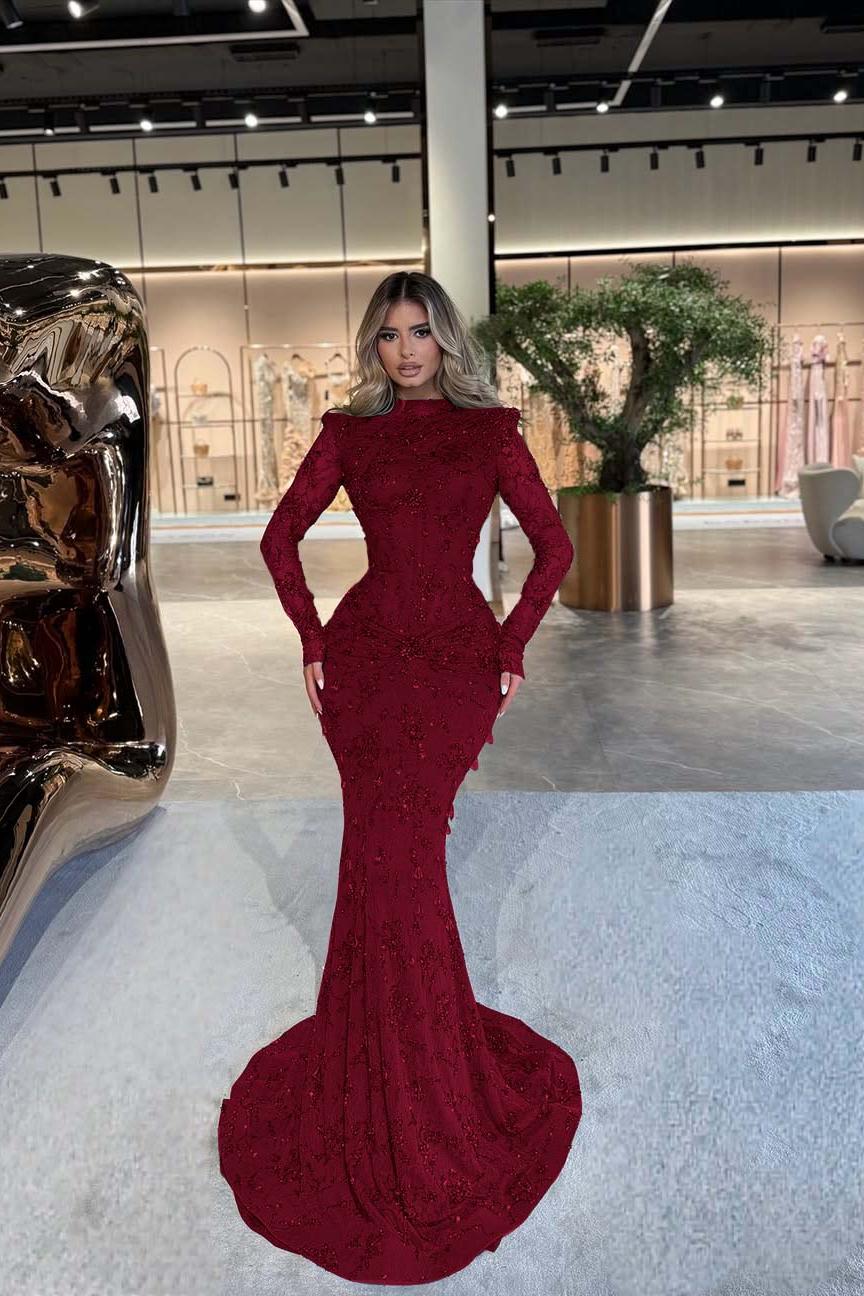 Green Mermaid Prom Dress Long Sleeve High Neck Beaded Evening Dress